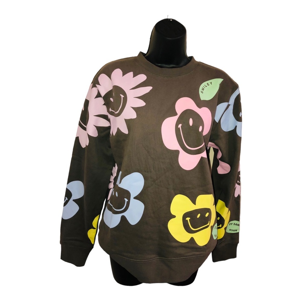 BSR by Samii Ryan dark gray sunflower smiley faces‎ pullover sweatshirt size XS - Picture 4 of 16